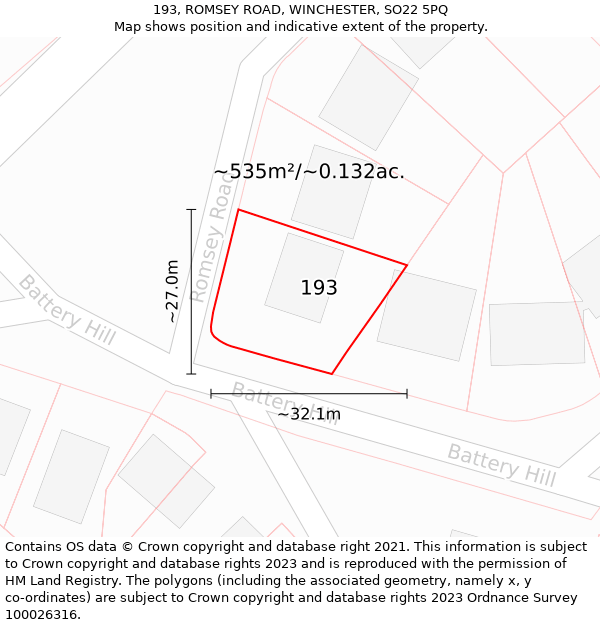 193, ROMSEY ROAD, WINCHESTER, SO22 5PQ: Plot and title map