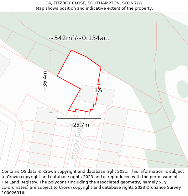 1A, FITZROY CLOSE, SOUTHAMPTON, SO16 7LW: Plot and title map