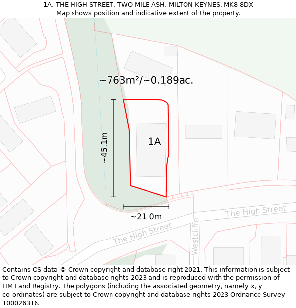 1A, THE HIGH STREET, TWO MILE ASH, MILTON KEYNES, MK8 8DX: Plot and title map