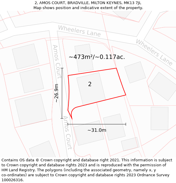 2, AMOS COURT, BRADVILLE, MILTON KEYNES, MK13 7JL: Plot and title map