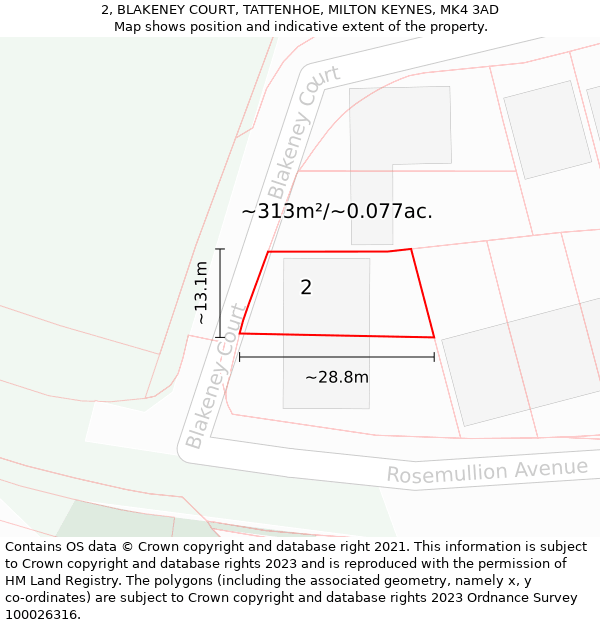 2, BLAKENEY COURT, TATTENHOE, MILTON KEYNES, MK4 3AD: Plot and title map