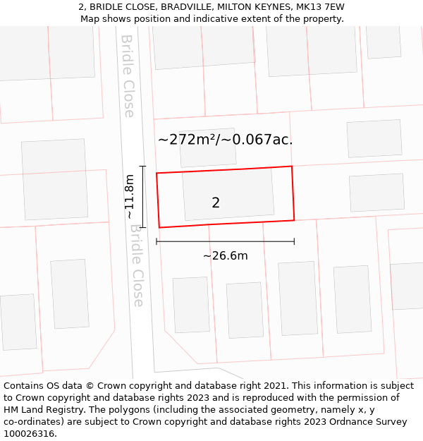 2, BRIDLE CLOSE, BRADVILLE, MILTON KEYNES, MK13 7EW: Plot and title map