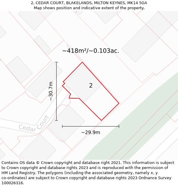 2, CEDAR COURT, BLAKELANDS, MILTON KEYNES, MK14 5GA: Plot and title map