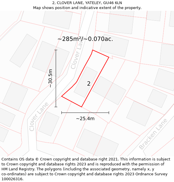 2, CLOVER LANE, YATELEY, GU46 6LN: Plot and title map