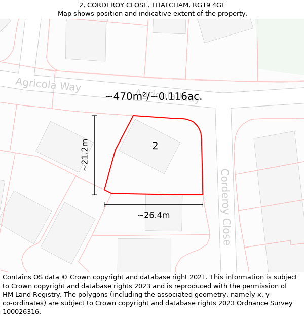 2, CORDEROY CLOSE, THATCHAM, RG19 4GF: Plot and title map