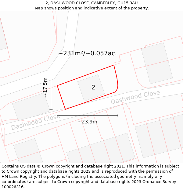 2, DASHWOOD CLOSE, CAMBERLEY, GU15 3AU: Plot and title map