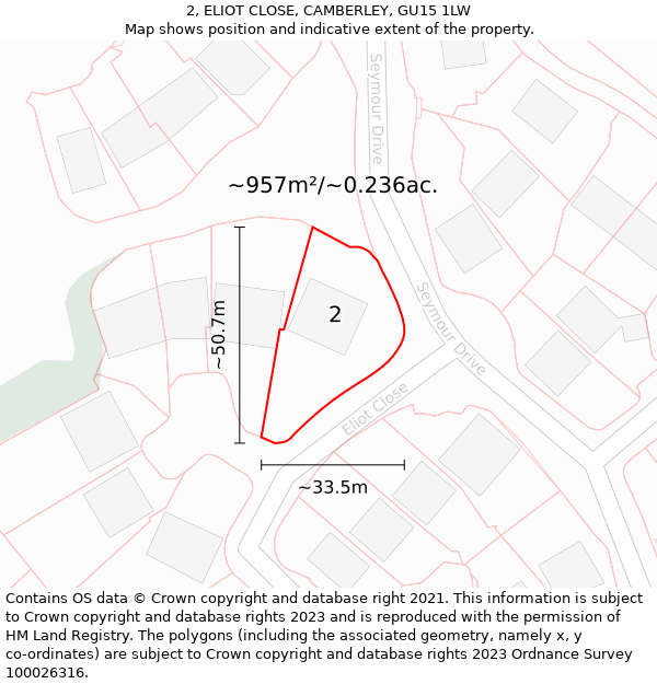 2, ELIOT CLOSE, CAMBERLEY, GU15 1LW: Plot and title map