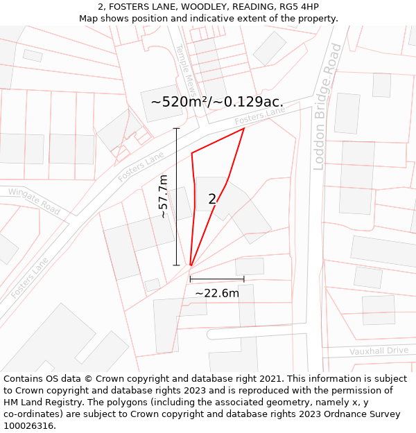 2, FOSTERS LANE, WOODLEY, READING, RG5 4HP: Plot and title map