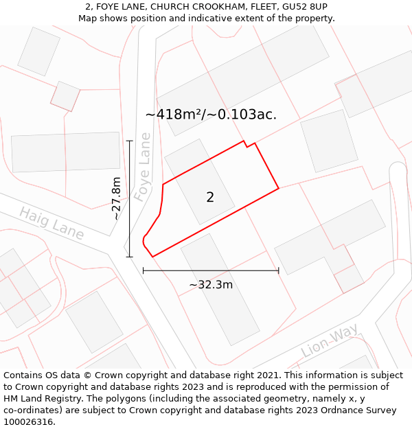 2, FOYE LANE, CHURCH CROOKHAM, FLEET, GU52 8UP: Plot and title map