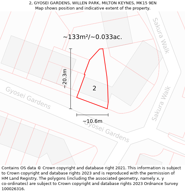 2, GYOSEI GARDENS, WILLEN PARK, MILTON KEYNES, MK15 9EN: Plot and title map