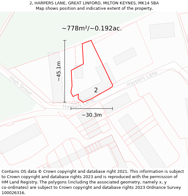 2, HARPERS LANE, GREAT LINFORD, MILTON KEYNES, MK14 5BA: Plot and title map