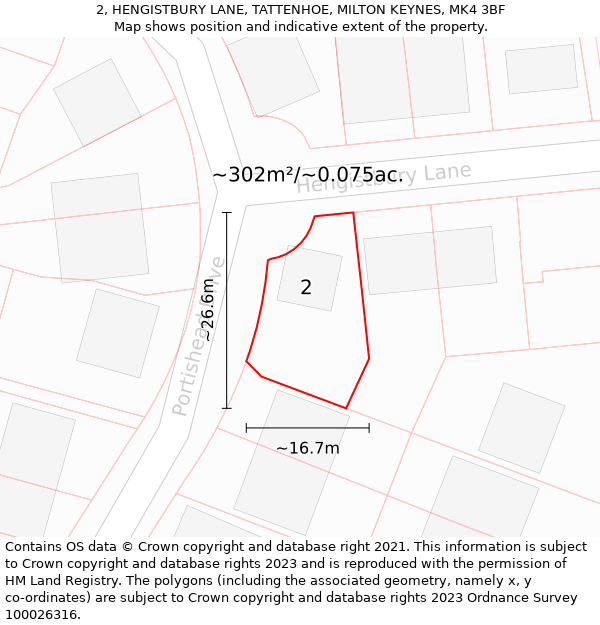 2, HENGISTBURY LANE, TATTENHOE, MILTON KEYNES, MK4 3BF: Plot and title map