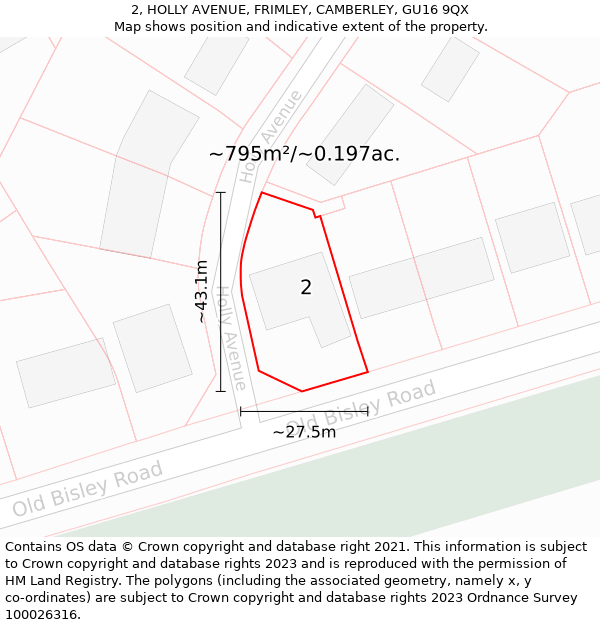 2, HOLLY AVENUE, FRIMLEY, CAMBERLEY, GU16 9QX: Plot and title map