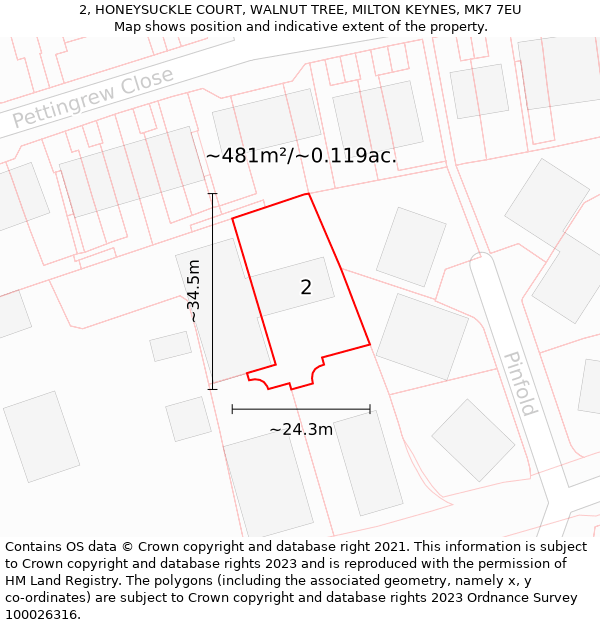 2, HONEYSUCKLE COURT, WALNUT TREE, MILTON KEYNES, MK7 7EU: Plot and title map
