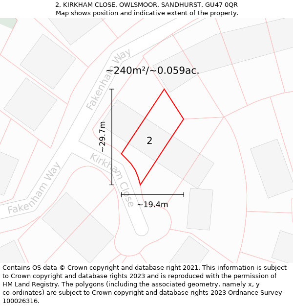 2, KIRKHAM CLOSE, OWLSMOOR, SANDHURST, GU47 0QR: Plot and title map