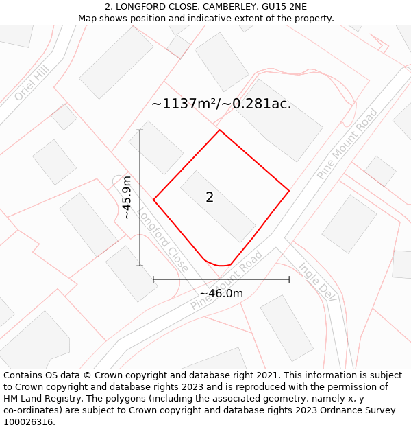 2, LONGFORD CLOSE, CAMBERLEY, GU15 2NE: Plot and title map