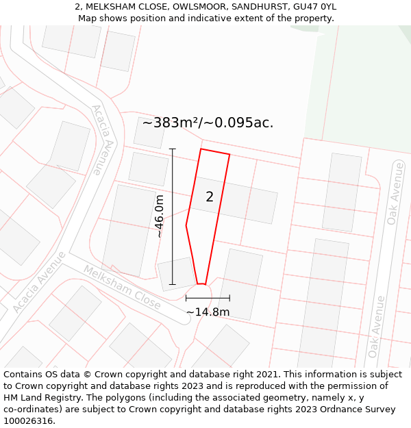 2, MELKSHAM CLOSE, OWLSMOOR, SANDHURST, GU47 0YL: Plot and title map