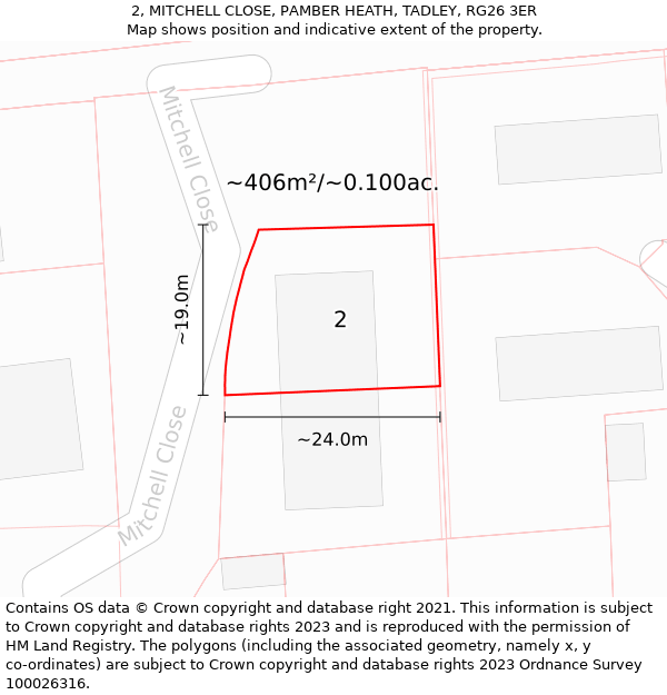 2, MITCHELL CLOSE, PAMBER HEATH, TADLEY, RG26 3ER: Plot and title map