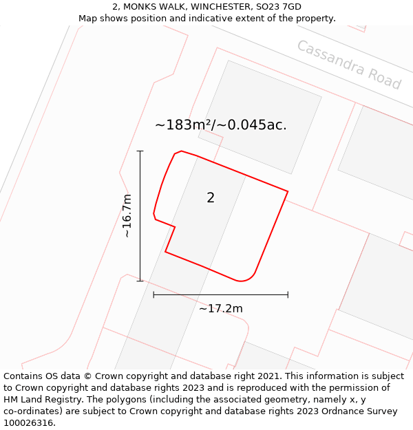 2, MONKS WALK, WINCHESTER, SO23 7GD: Plot and title map