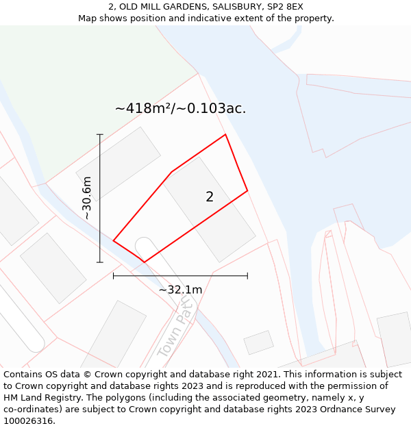 2, OLD MILL GARDENS, SALISBURY, SP2 8EX: Plot and title map