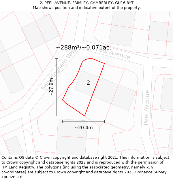 2, PEEL AVENUE, FRIMLEY, CAMBERLEY, GU16 8YT: Plot and title map