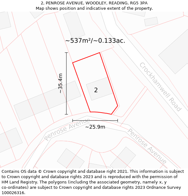 2, PENROSE AVENUE, WOODLEY, READING, RG5 3PA: Plot and title map