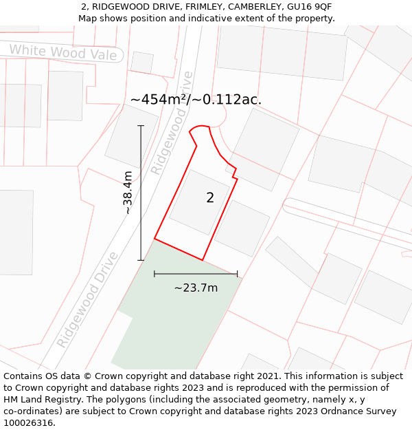 2, RIDGEWOOD DRIVE, FRIMLEY, CAMBERLEY, GU16 9QF: Plot and title map