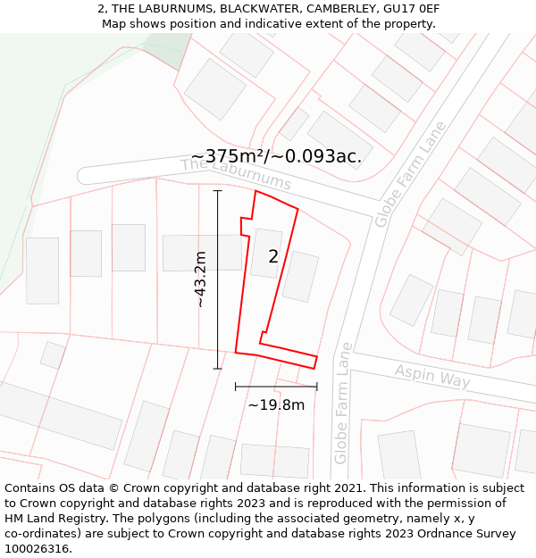 2, THE LABURNUMS, BLACKWATER, CAMBERLEY, GU17 0EF: Plot and title map