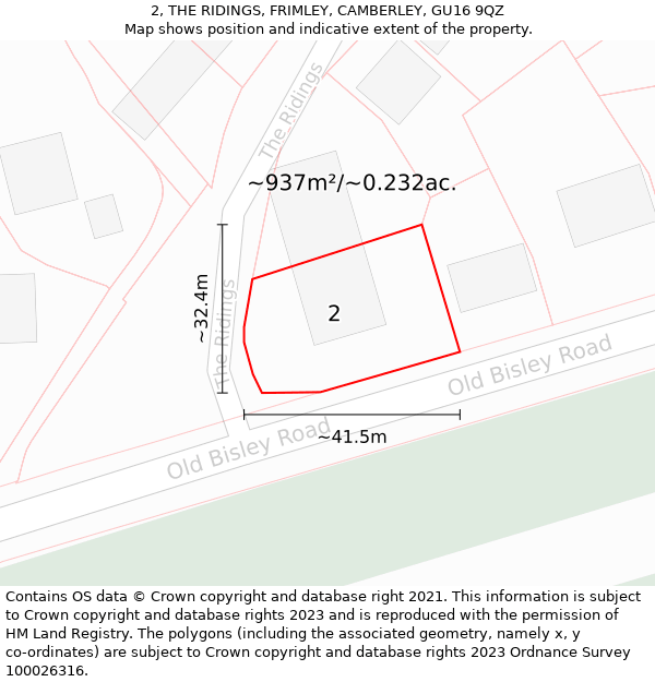 2, THE RIDINGS, FRIMLEY, CAMBERLEY, GU16 9QZ: Plot and title map