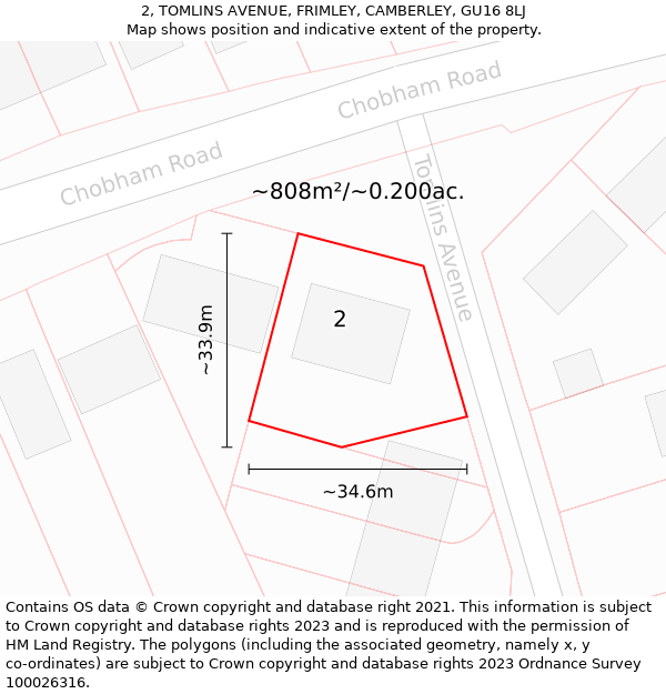 2, TOMLINS AVENUE, FRIMLEY, CAMBERLEY, GU16 8LJ: Plot and title map