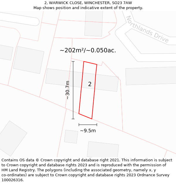 2, WARWICK CLOSE, WINCHESTER, SO23 7AW: Plot and title map