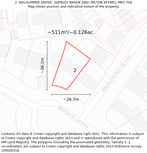 2, WELSUMMER GROVE, SHENLEY BROOK END, MILTON KEYNES, MK5 7GE: Plot and title map