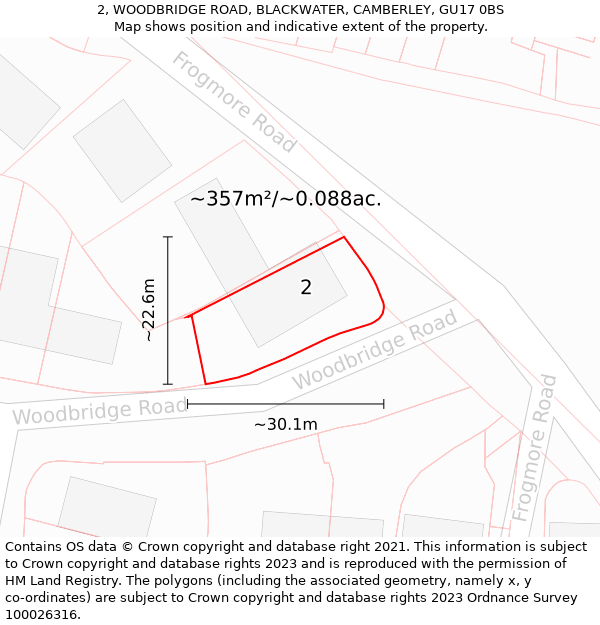 2, WOODBRIDGE ROAD, BLACKWATER, CAMBERLEY, GU17 0BS: Plot and title map