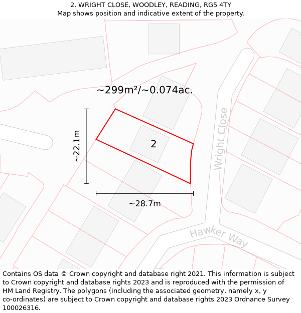 2, WRIGHT CLOSE, WOODLEY, READING, RG5 4TY: Plot and title map