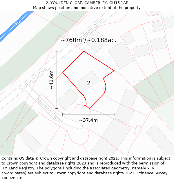 2, YOULDEN CLOSE, CAMBERLEY, GU15 1AP: Plot and title map