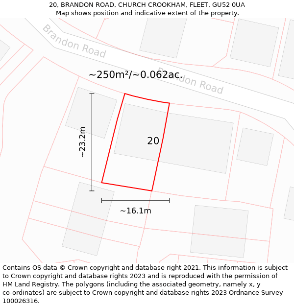 20, BRANDON ROAD, CHURCH CROOKHAM, FLEET, GU52 0UA: Plot and title map