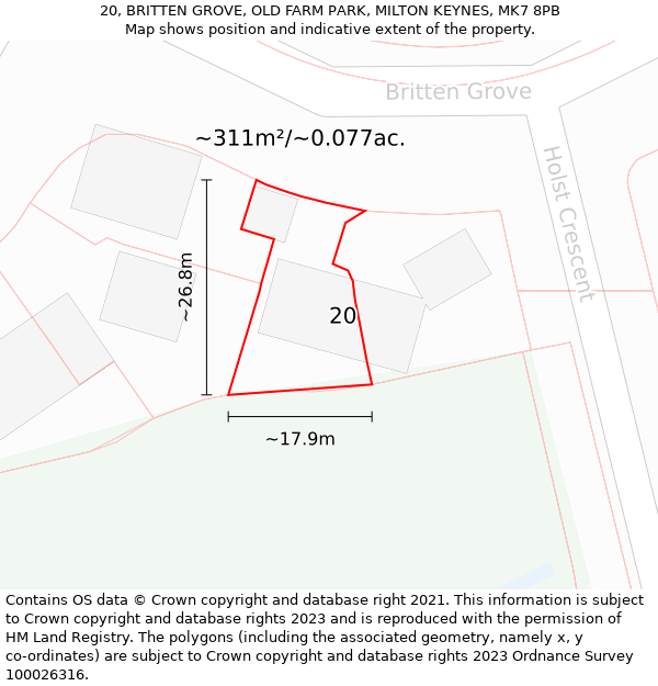 20, BRITTEN GROVE, OLD FARM PARK, MILTON KEYNES, MK7 8PB: Plot and title map