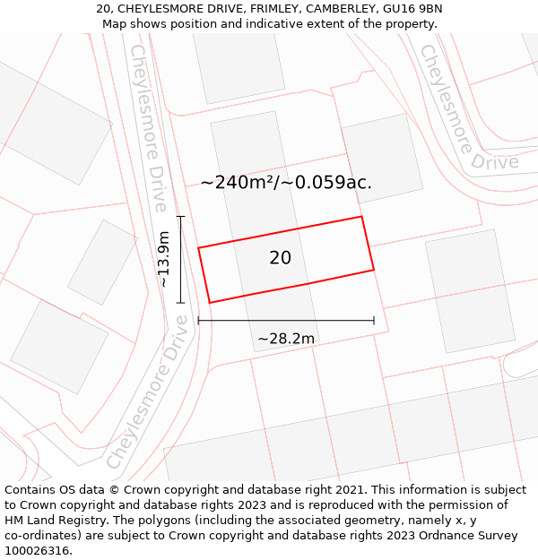 20, CHEYLESMORE DRIVE, FRIMLEY, CAMBERLEY, GU16 9BN: Plot and title map