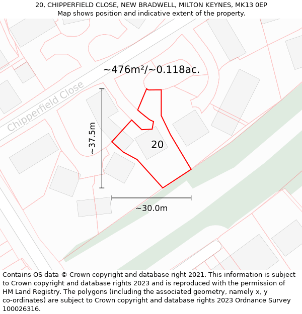 20, CHIPPERFIELD CLOSE, NEW BRADWELL, MILTON KEYNES, MK13 0EP: Plot and title map