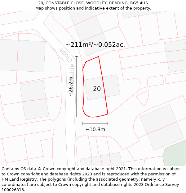 20, CONSTABLE CLOSE, WOODLEY, READING, RG5 4US: Plot and title map