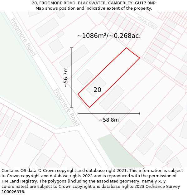 20, FROGMORE ROAD, BLACKWATER, CAMBERLEY, GU17 0NP: Plot and title map