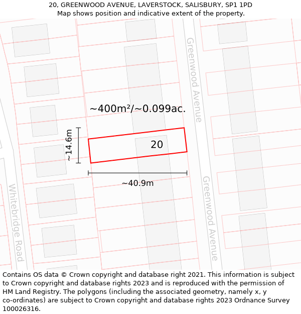 20, GREENWOOD AVENUE, LAVERSTOCK, SALISBURY, SP1 1PD: Plot and title map