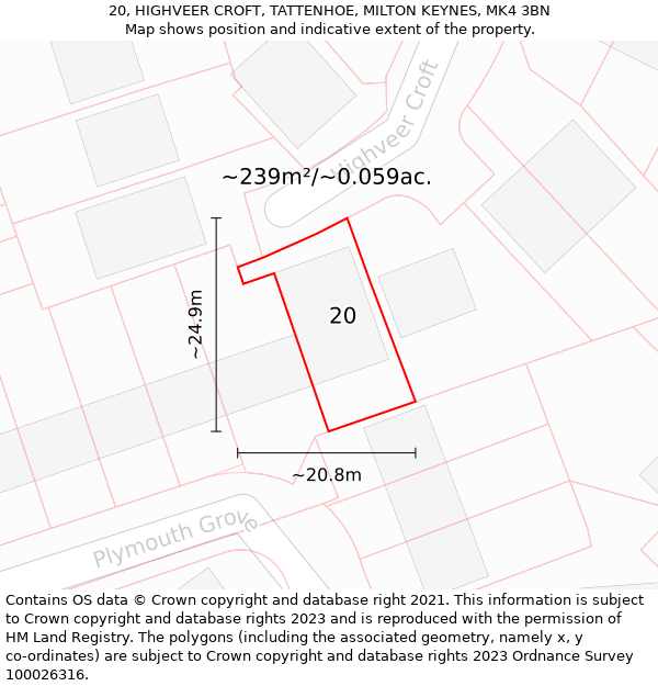 20, HIGHVEER CROFT, TATTENHOE, MILTON KEYNES, MK4 3BN: Plot and title map