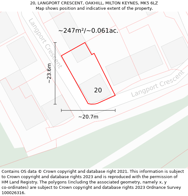 20, LANGPORT CRESCENT, OAKHILL, MILTON KEYNES, MK5 6LZ: Plot and title map