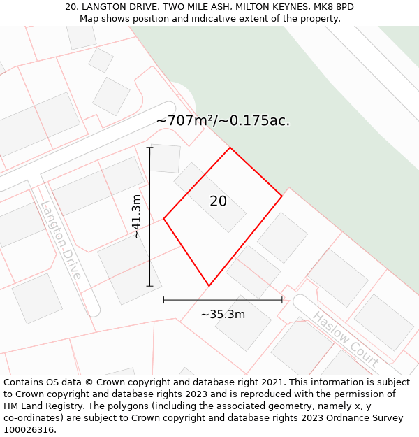 20, LANGTON DRIVE, TWO MILE ASH, MILTON KEYNES, MK8 8PD: Plot and title map