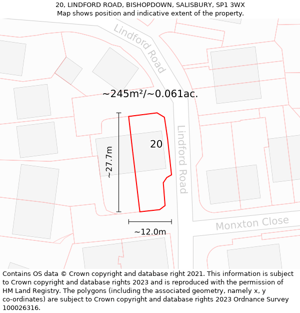 20, LINDFORD ROAD, BISHOPDOWN, SALISBURY, SP1 3WX: Plot and title map