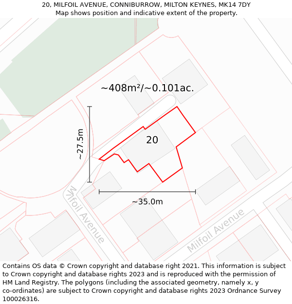 20, MILFOIL AVENUE, CONNIBURROW, MILTON KEYNES, MK14 7DY: Plot and title map