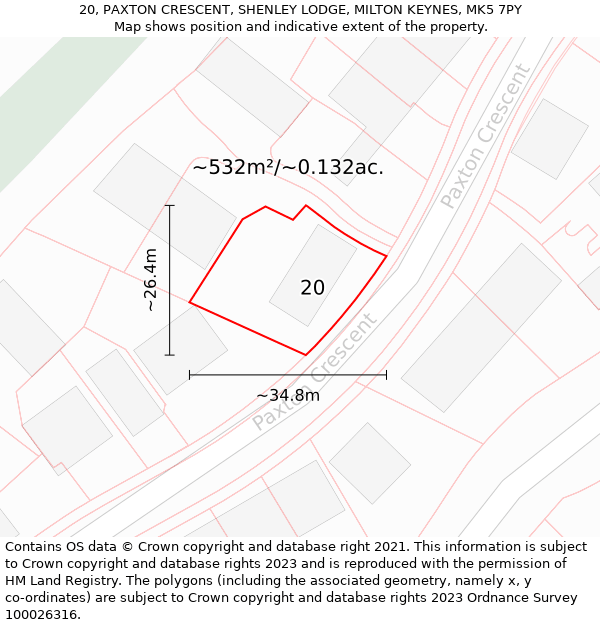 20, PAXTON CRESCENT, SHENLEY LODGE, MILTON KEYNES, MK5 7PY: Plot and title map