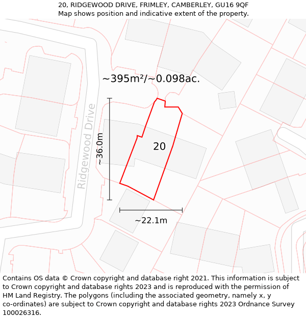 20, RIDGEWOOD DRIVE, FRIMLEY, CAMBERLEY, GU16 9QF: Plot and title map