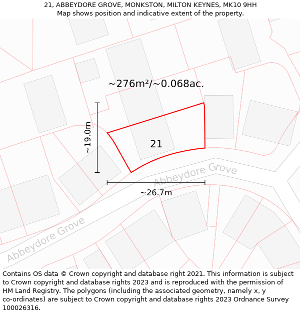 21, ABBEYDORE GROVE, MONKSTON, MILTON KEYNES, MK10 9HH: Plot and title map
